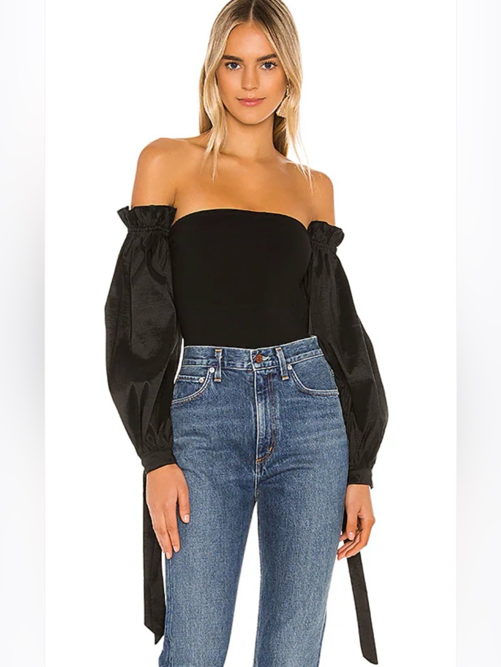 MAJORELLE Black Off-Shoulder Puff Sleeve Top